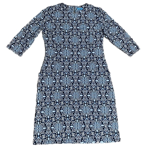 J. McLaughlin Catalyst 3/4 Sleeve Crew Neck Catalina Cloth Dress Blue Medallion - Picture 1 of 8
